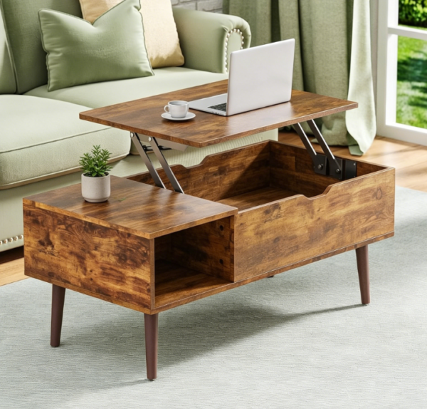 Small Lift Top Coffee Table with Storage Shelf and Hidden Compartment, Rust Brown
